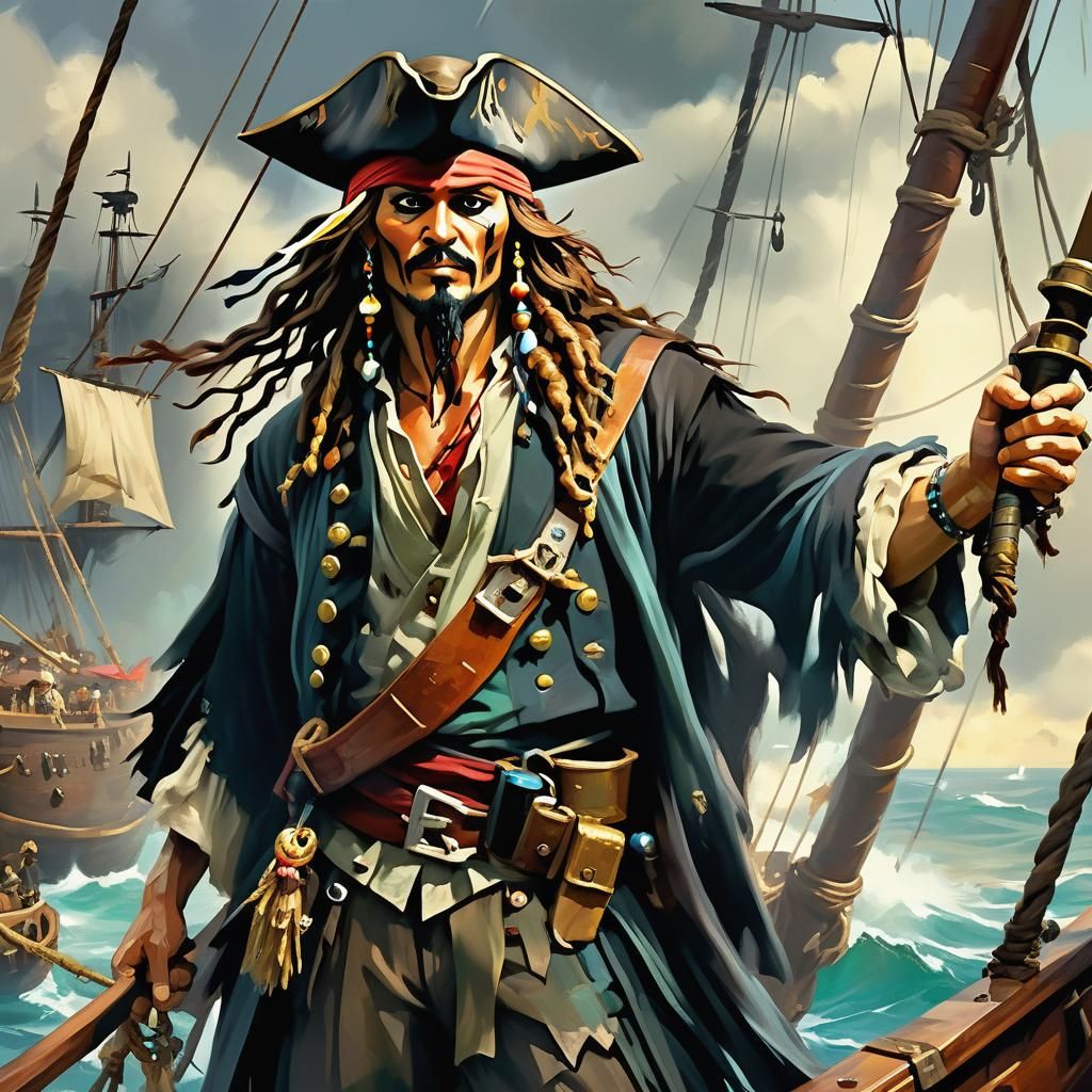 Pirate Captain on Ship, Oil Painting Texture