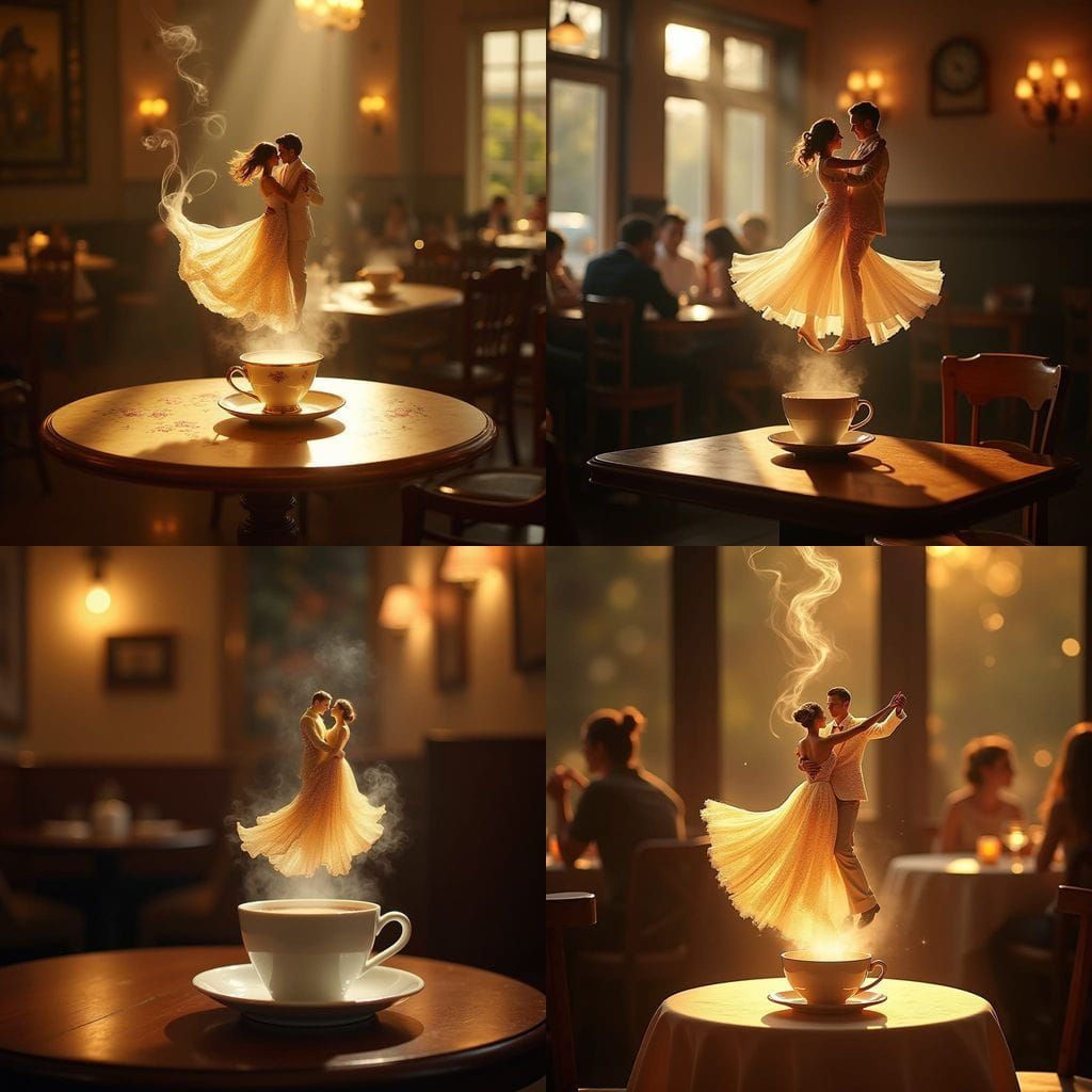 Ethereal Couple Dances in Golden Hues Restaurant Scene