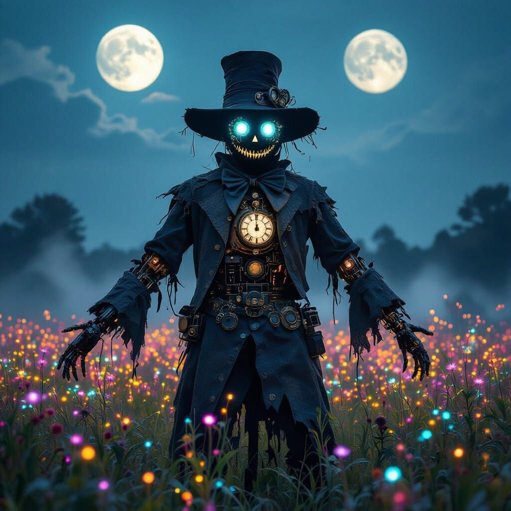 Steampunk Scarecrow Guarding Bioluminescent Field