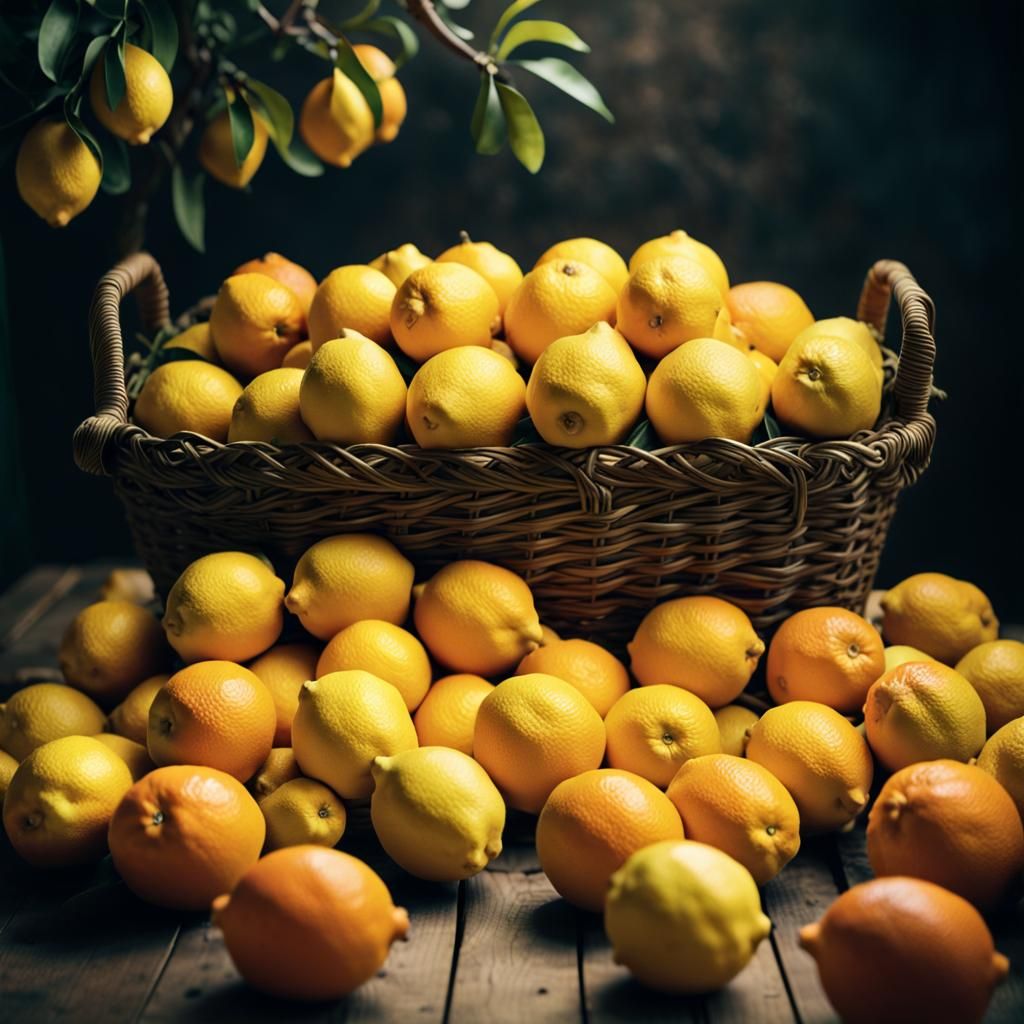 Basket Overflowing with Citrus Fruits in Cinematic Style