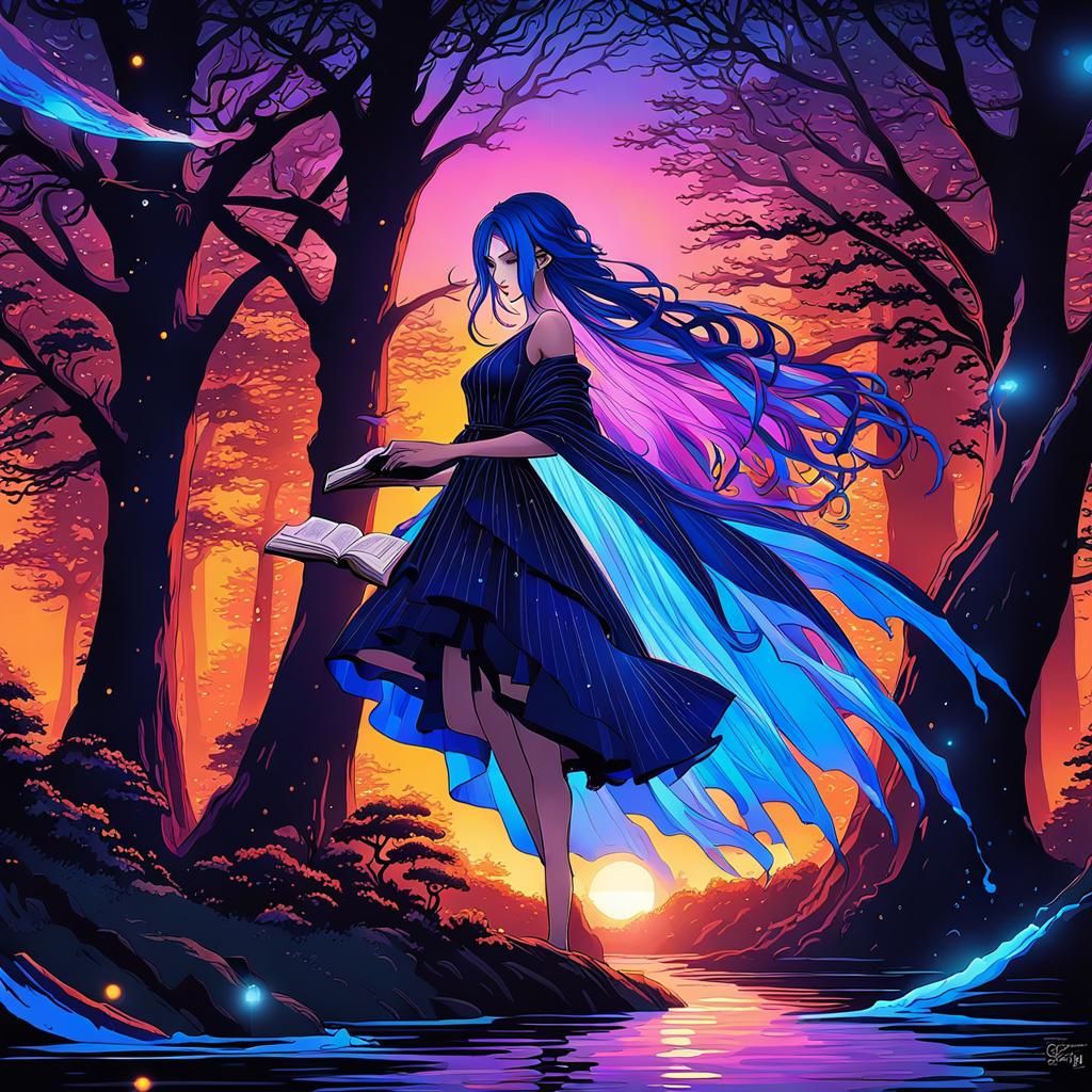 Anime Girl Reading at Sunset in Art Nouveau Style