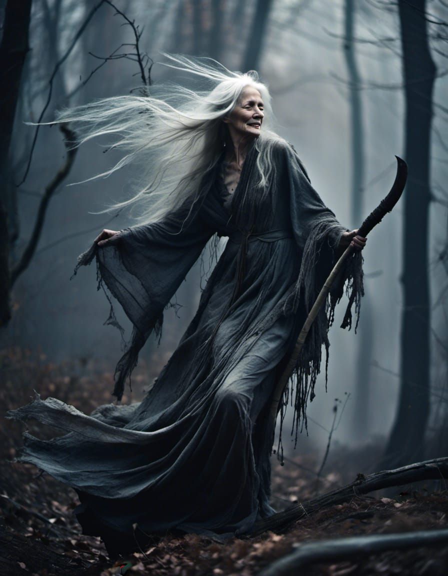 Realistic Old Woman Death in Misty Winter Forest