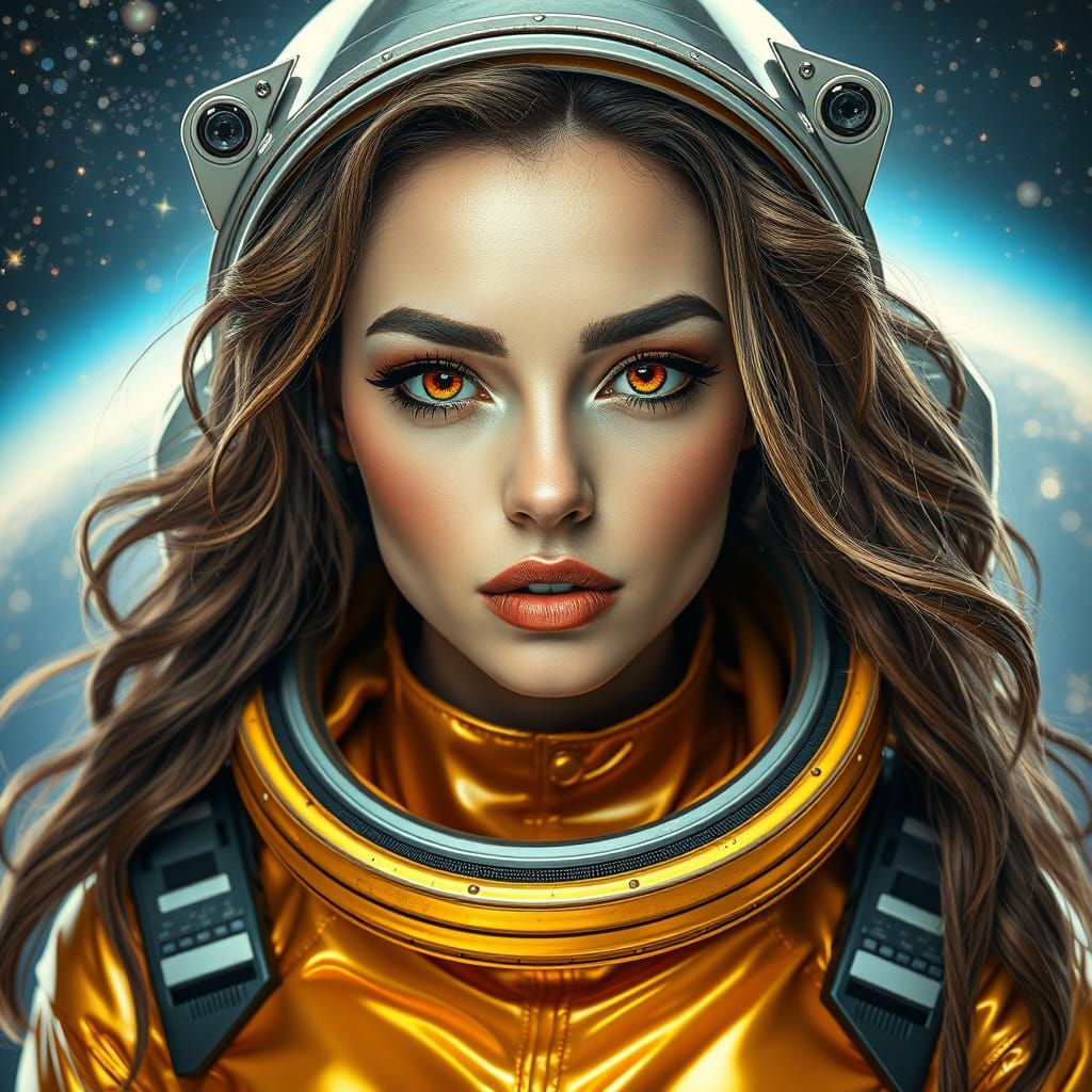 Futuristic Alien Astronaut in Shimmering Golden Latex Gown
