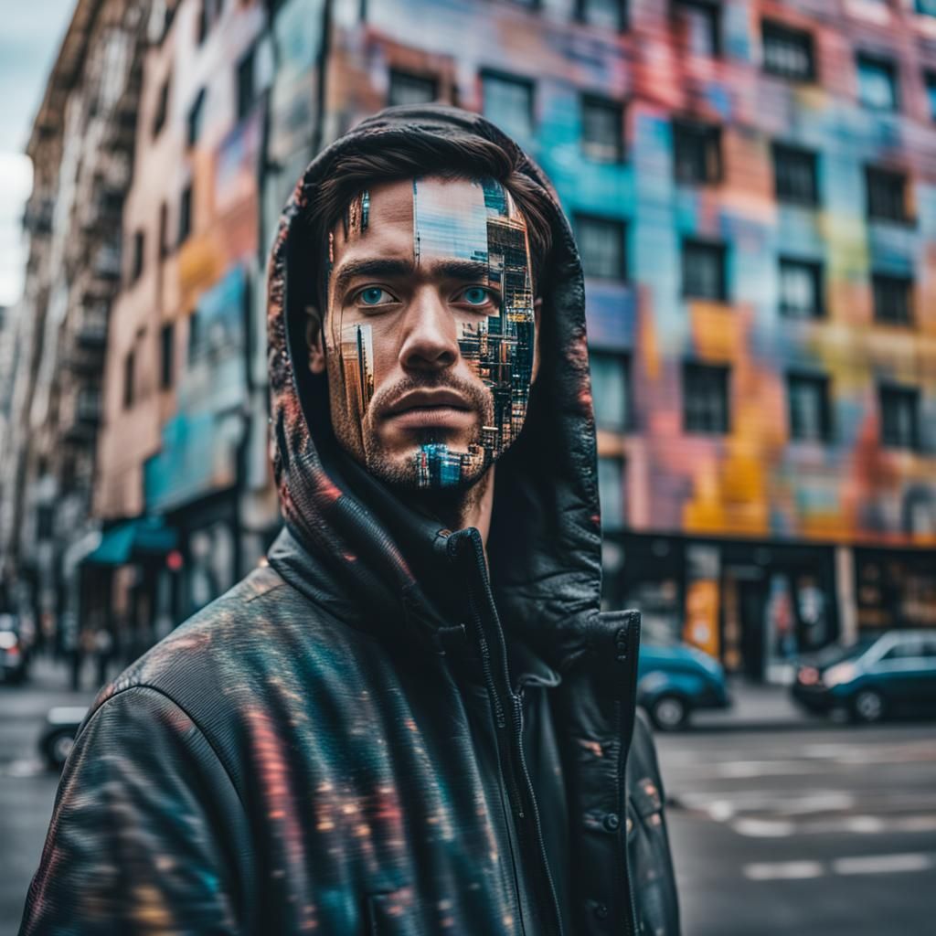 Surreal Glitching Figure on Building Side