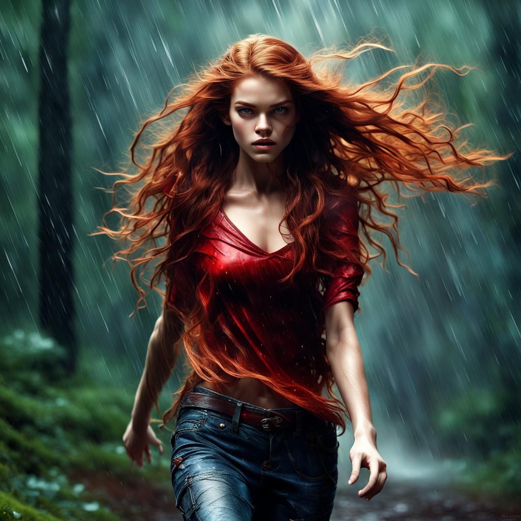 Redhead Sorceress Runs Through Rainy Forest