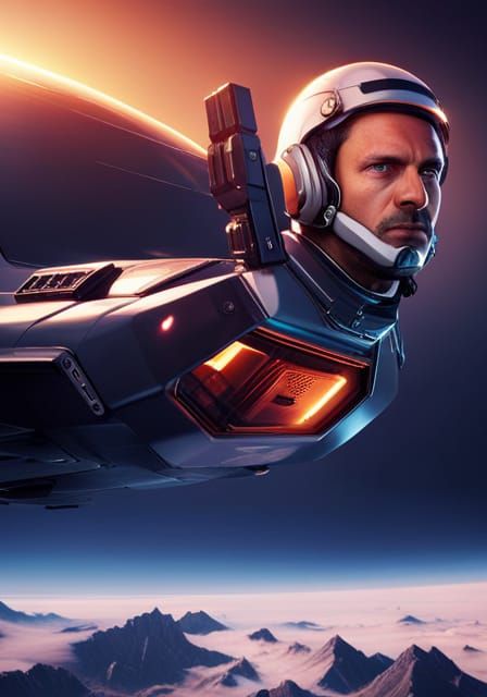 Futuristic Pilot in Open Cockpit Airplane