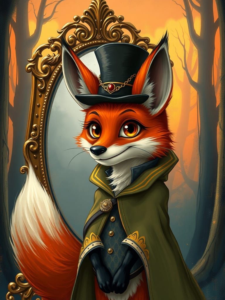 Whimsical Fox in Victorian Attire Stares into Mystic Forest...