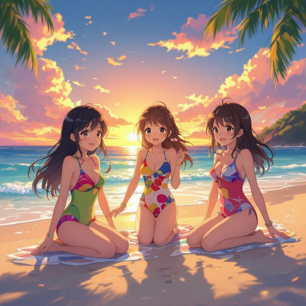 Anime Girls Play on Tropical Beach at Sunset