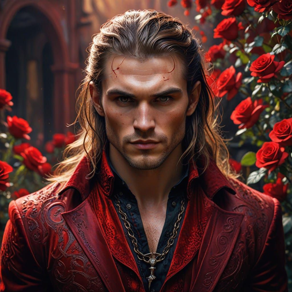 Crimson Vampire Portrait in Bi-Chromatic Watercolor