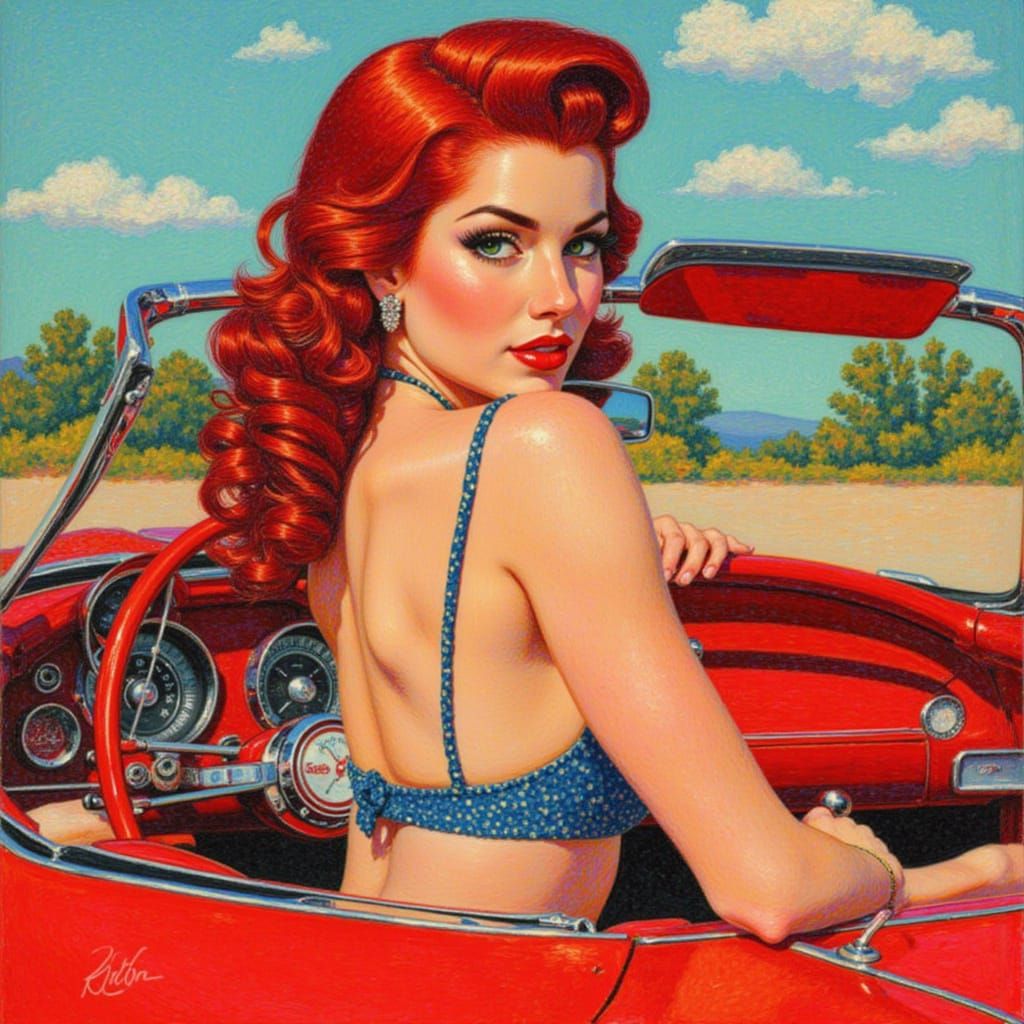 Pin Up Woman With Red Hair Leaning on Vintage Corvette