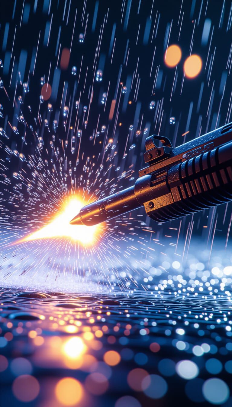 Machine Gun Bullet Slices Raindrop: Cinematic 3D Render