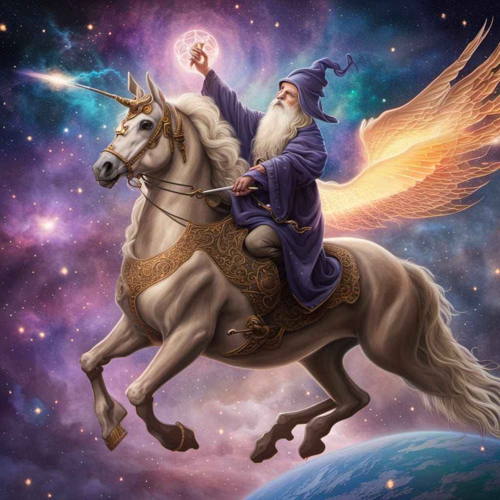 Wizard Rides Pegasus Across Galaxy