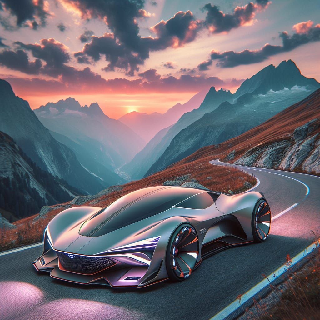 Futuristic Sports Car on Mountain Road at Sunset