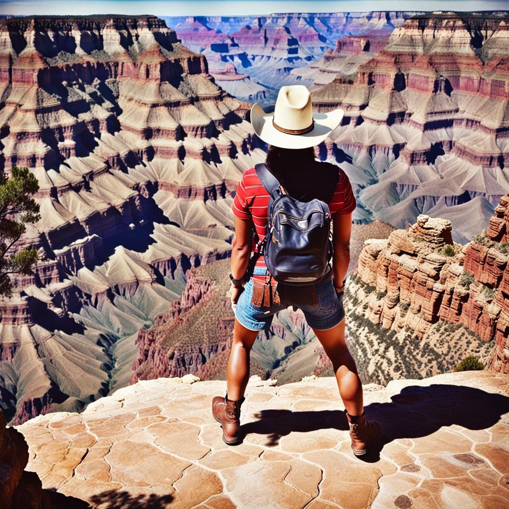 Tourist at Grand Canyon in Retro Polaroid Style