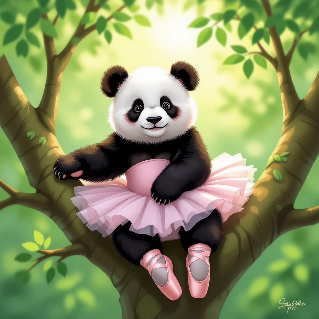 Joyful Panda in Tree Wearing Ballet Tutu