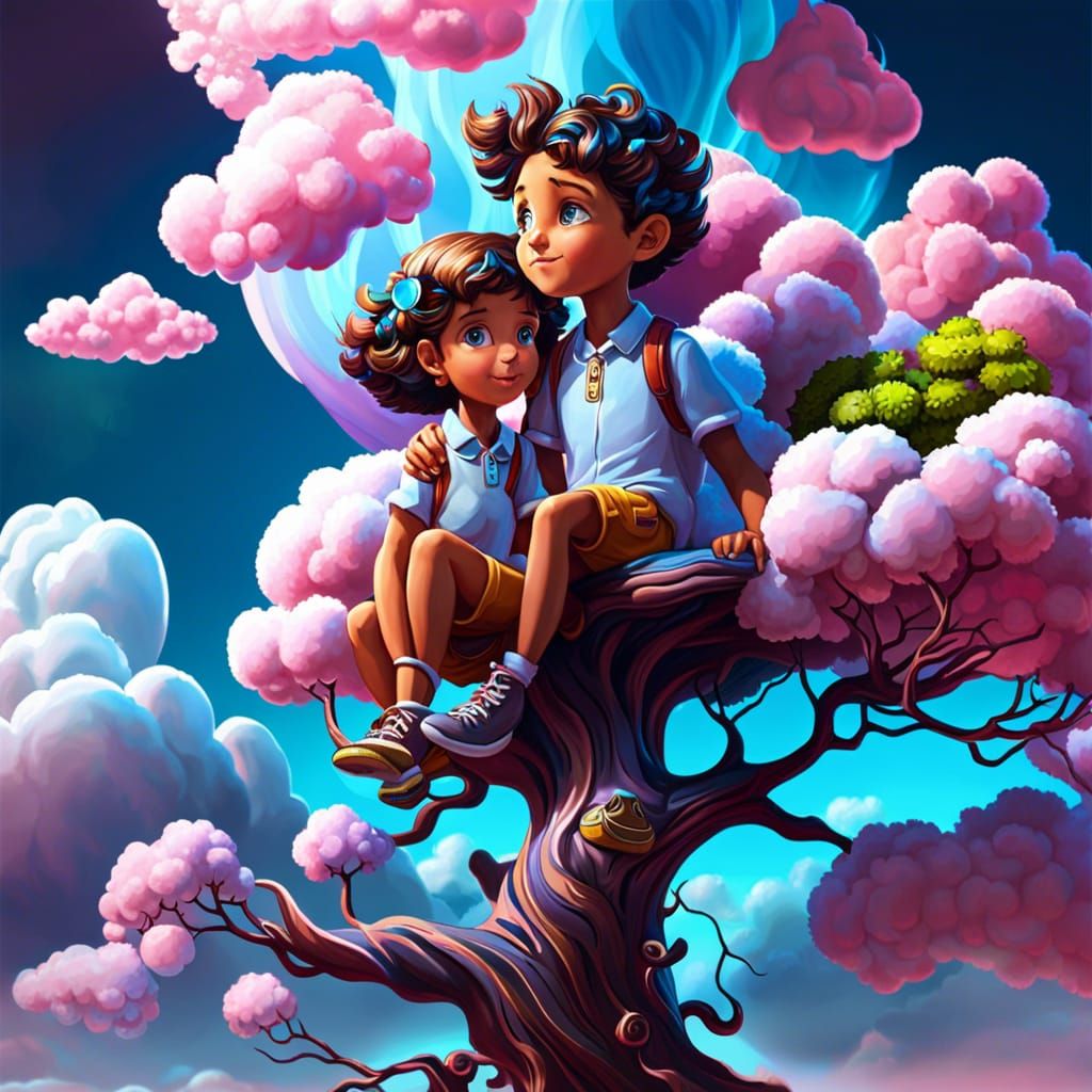 Children in Cloud Tree: Glossy Cel-Shaded 3D Art