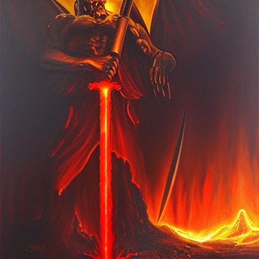 Fiery Demon Wielding Lava Sword as Oil Painting