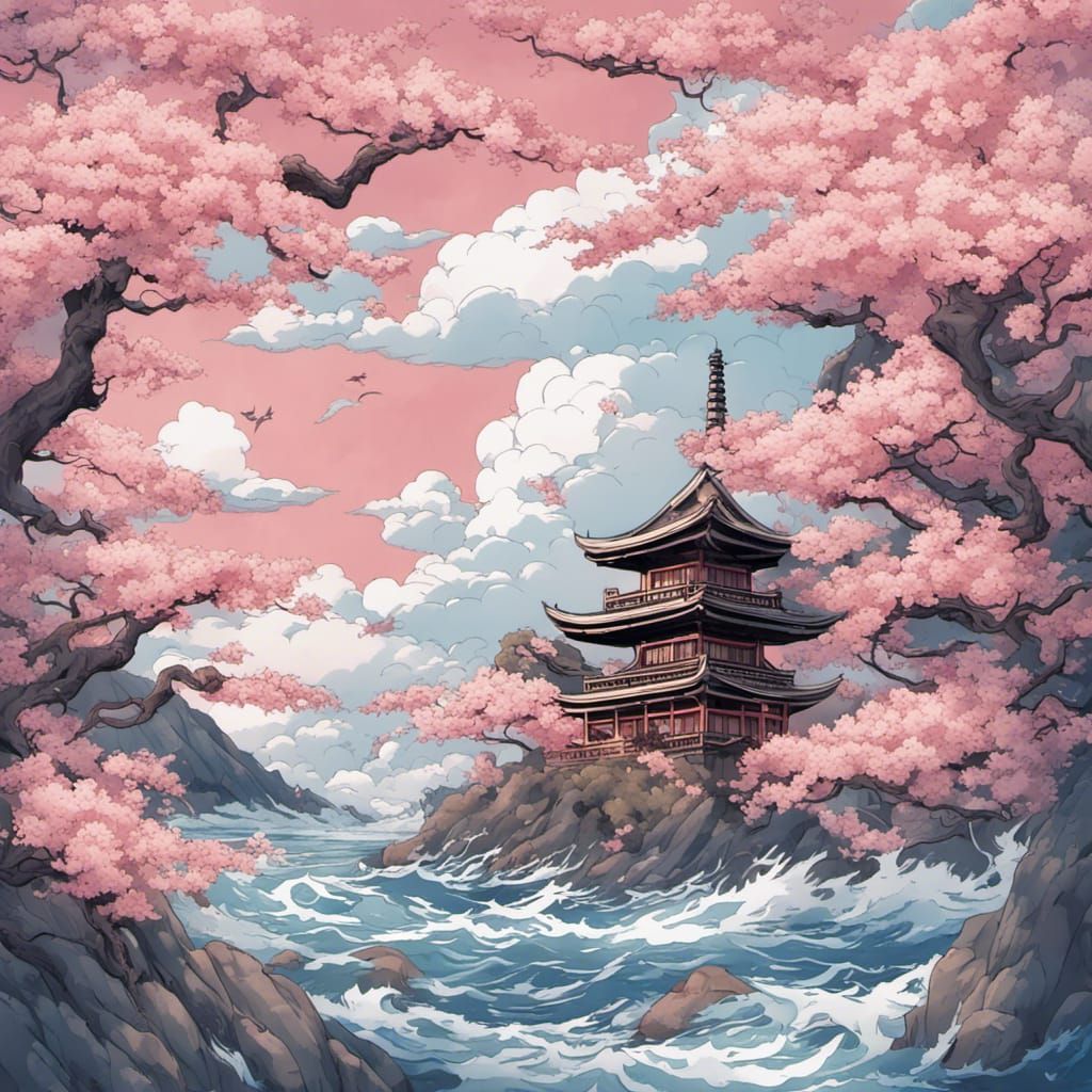 Japanese Ocean Cherry Blossom Tattoo in Anime Style