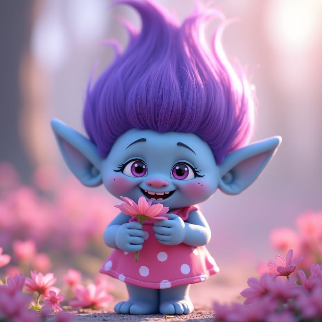 Cute Baby Troll Holds Flower in Dreamy Pastel Scene