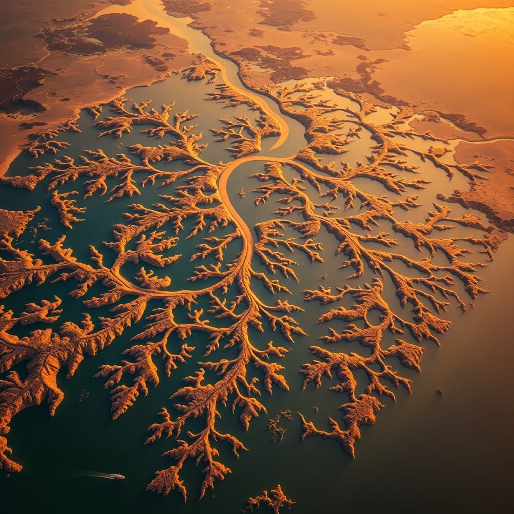 A breathtaking aerial photograph of a river delta, displaying fractal-like branching patterns