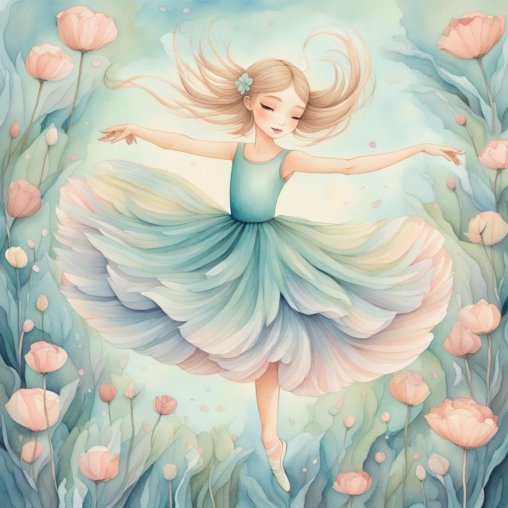 Whimsical Chibi Ballerina Watercolor in Pastel Hues