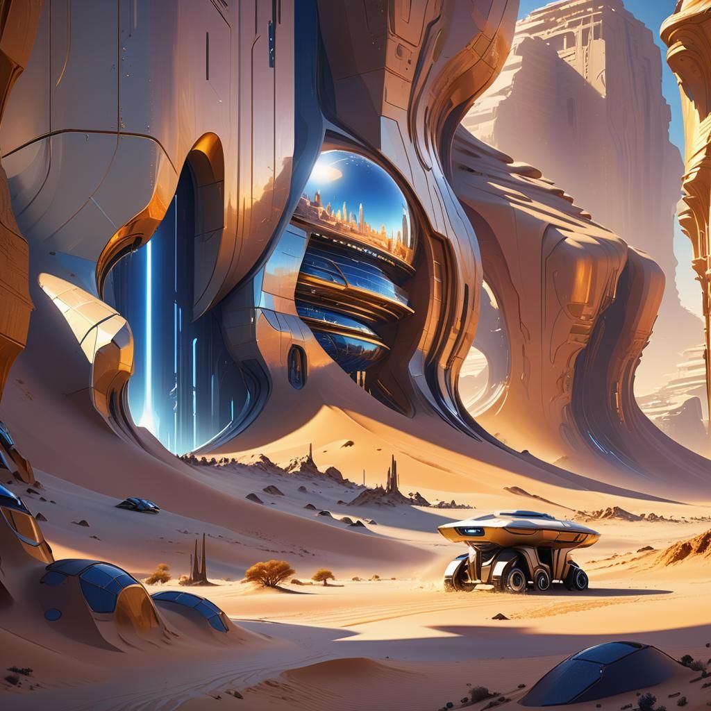Futuristic Desert Oasis City in Golden Hour Light