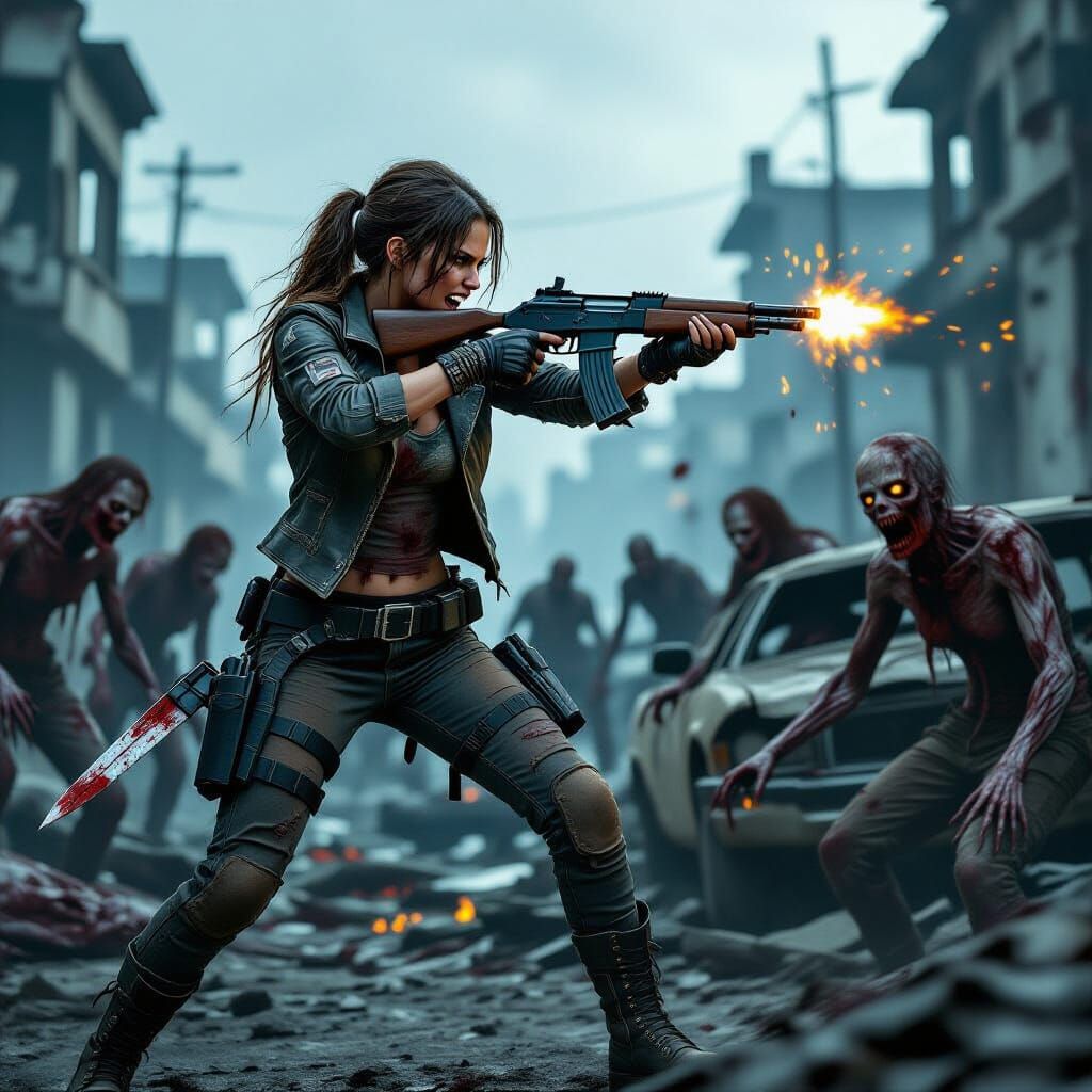 Apocalyptic Girl Fighting Zombies in Hyperrealistic Style