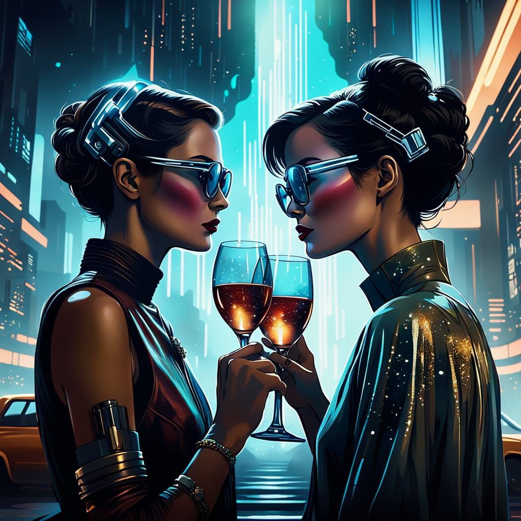 Elegant Women in Starry Galaxy Celebrate with Toast