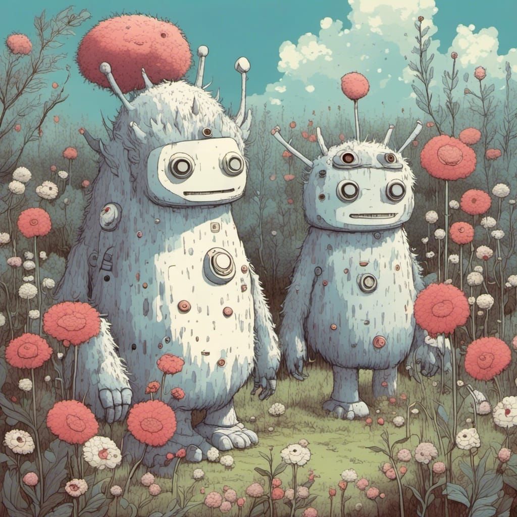 Cute Robots in Flower Garden