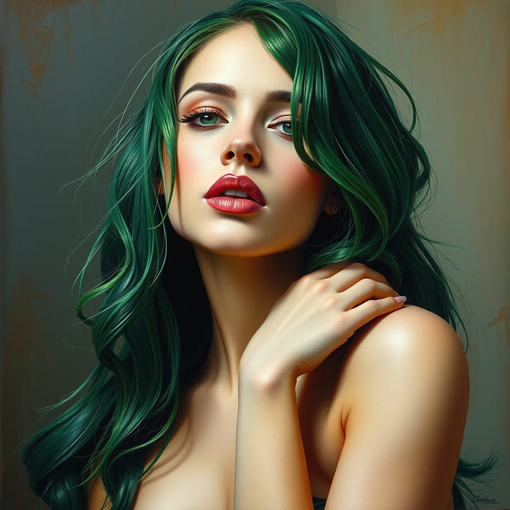 Sensual Green-Haired Beauty in Oil Painting Style