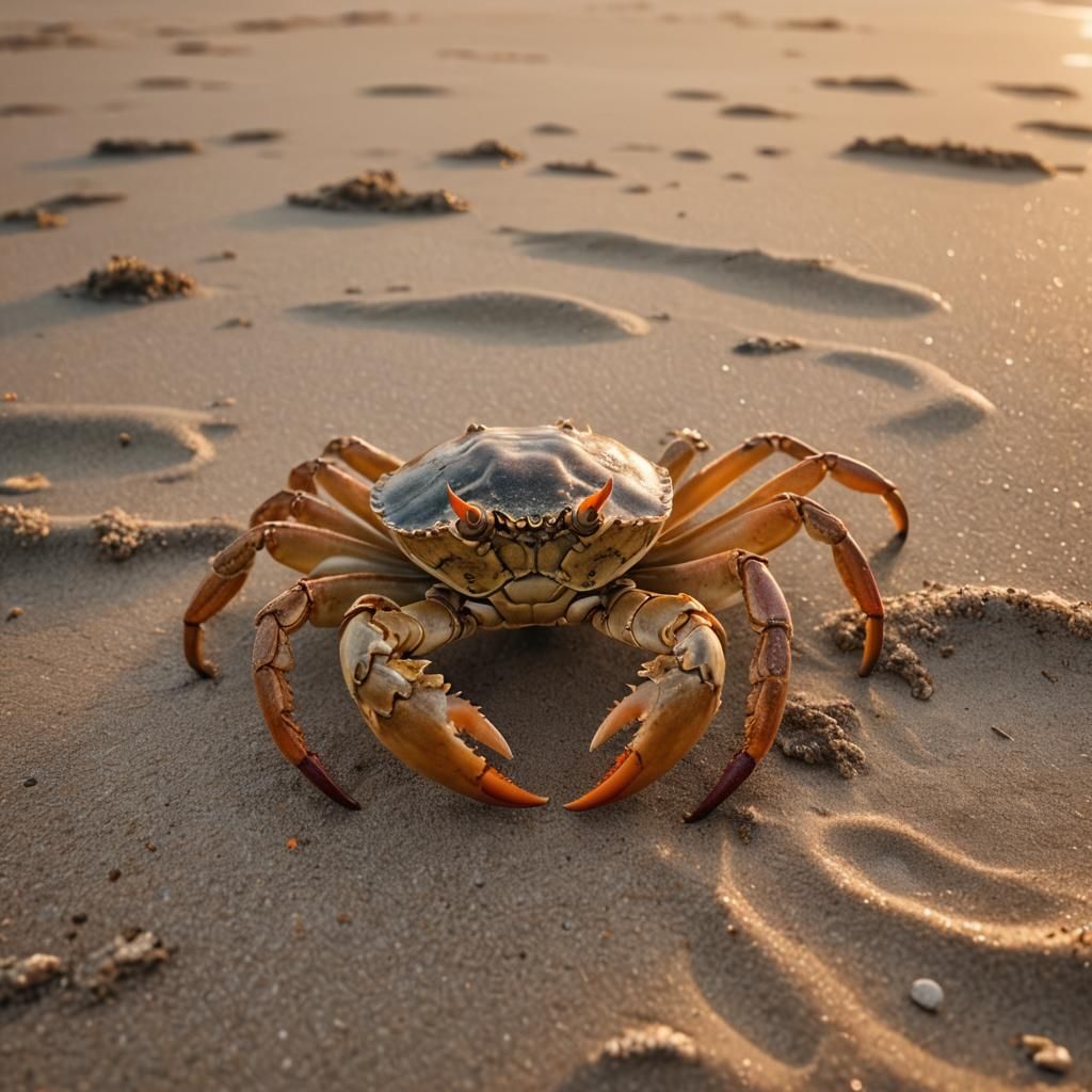 Colossal Crab on Beach at Sunset