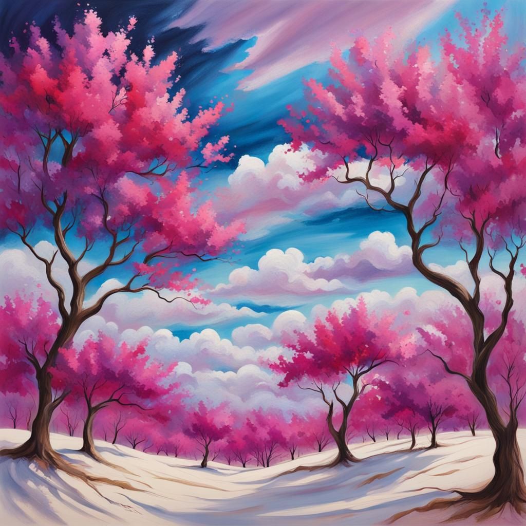 Redbud Tree in Desert Under Stormy Sky