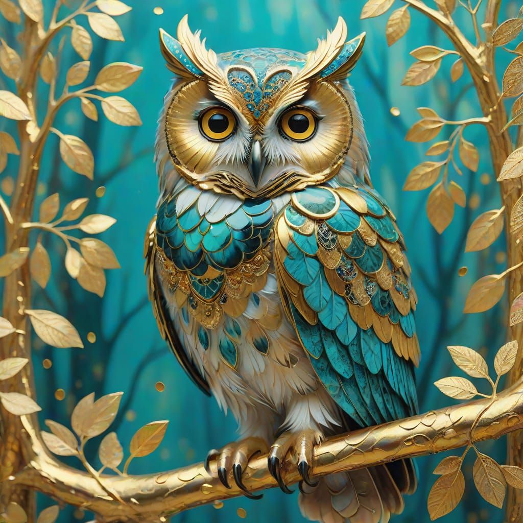 Golden Owl in Teal, Klimt-Inspired Illustration