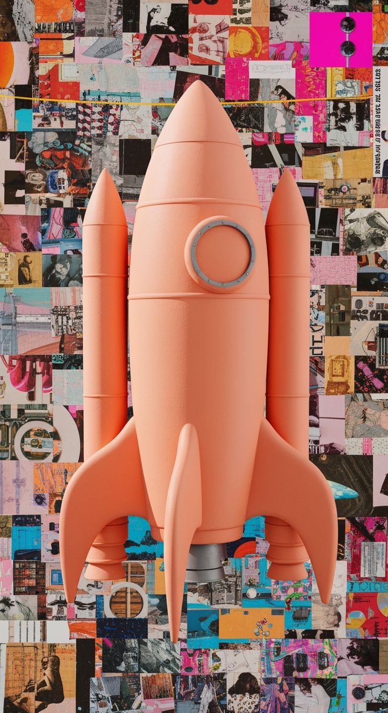 Peach Rocket Ship in Postmodern Art Style