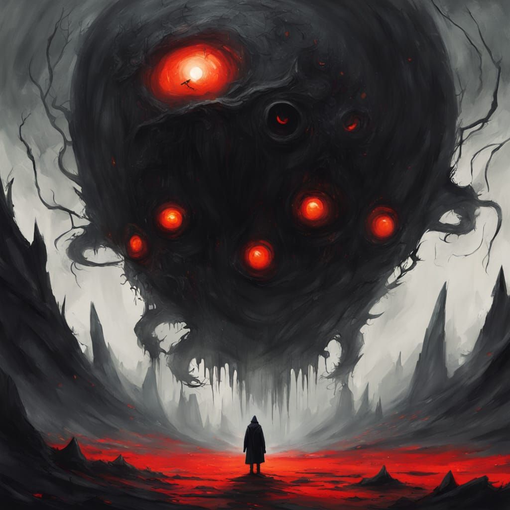 Ominous Creature with Glowing Eyes on Dead Planet