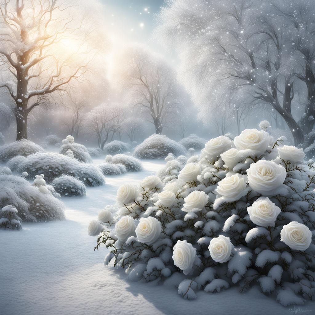 Snowy White Rose Garden in Winter Fantasy