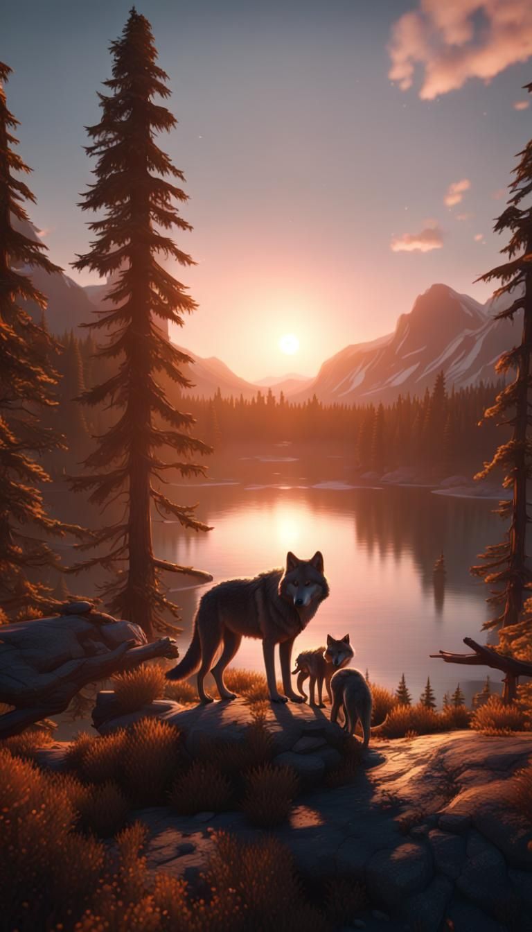 Wolf Family at Sunset: 3D Game Cinematic Graphics
