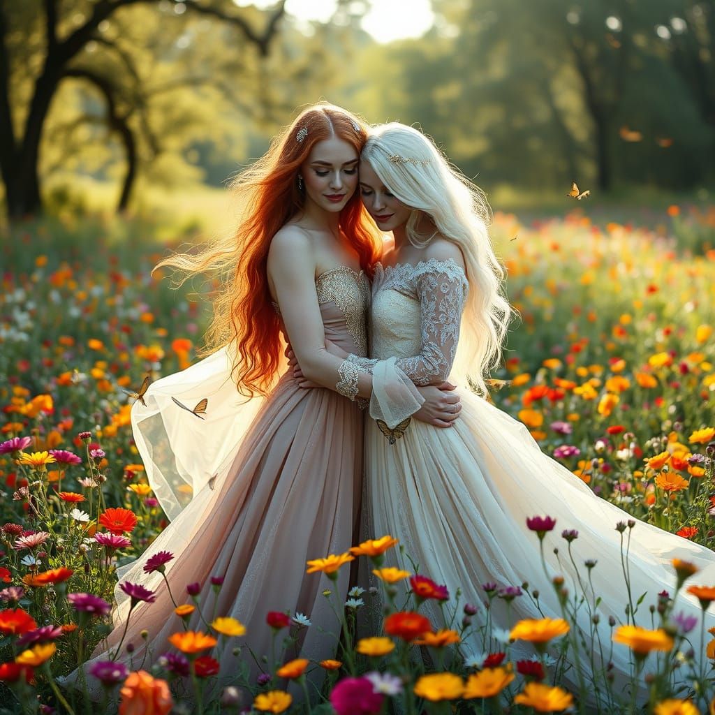 Goddesses Embrace in Wildflower Field, Cinematic Style