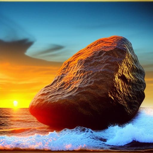 Glowing Rock in Golden Sea at Sunset