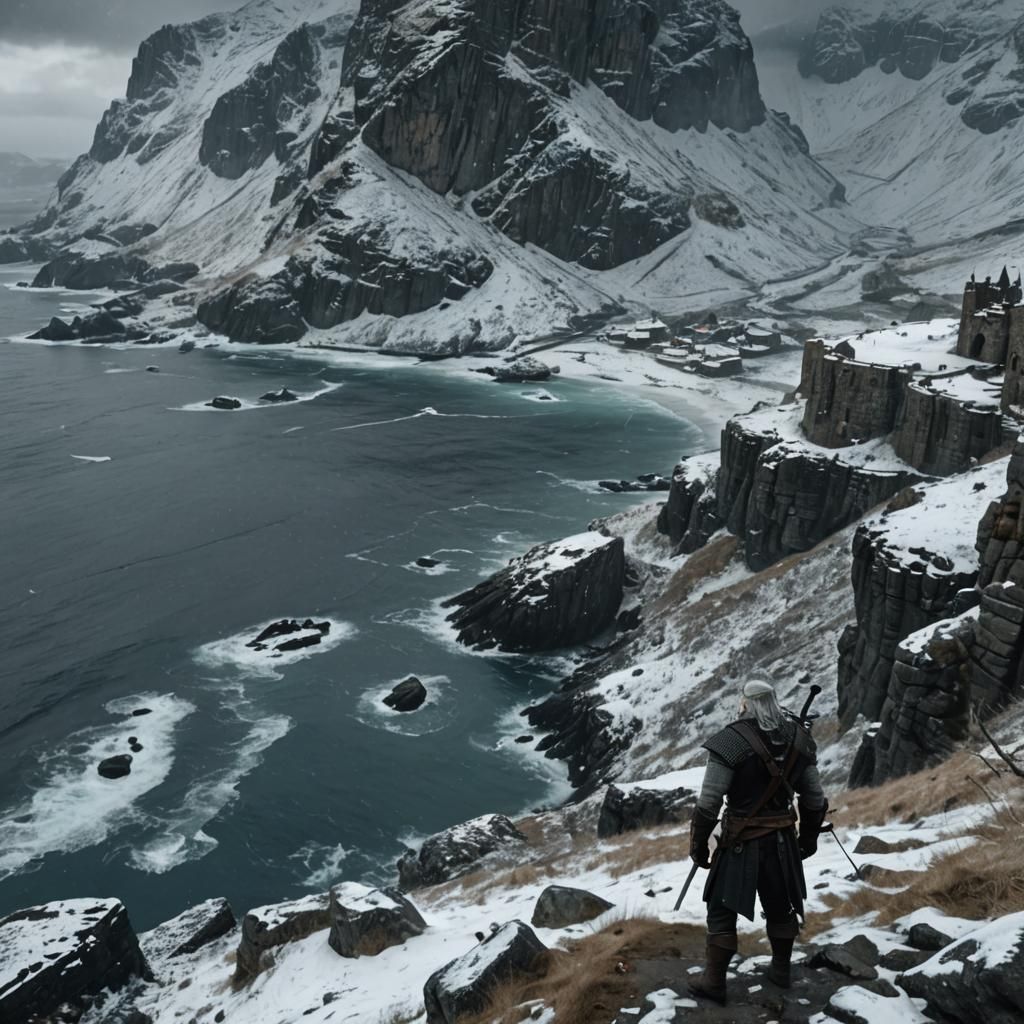 Geralt Overlooking Kaer Morhen on Windy Winter Day