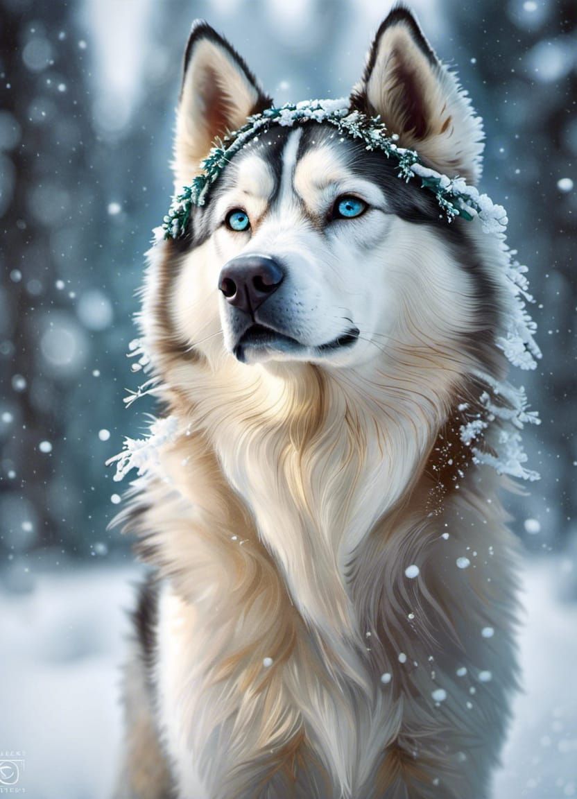 Snowy Husky Portrait in Winter Tundra