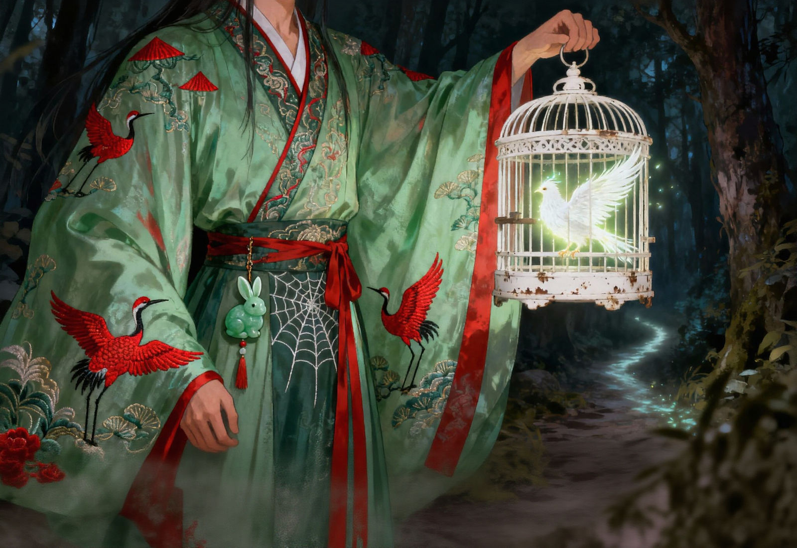 Man in Green Spider Demon Silk Robes with Jade Rabbit Pendan...