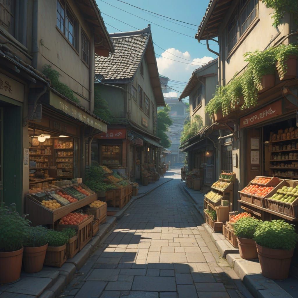 Vibrant Anime Cityscape with Grocery Shop