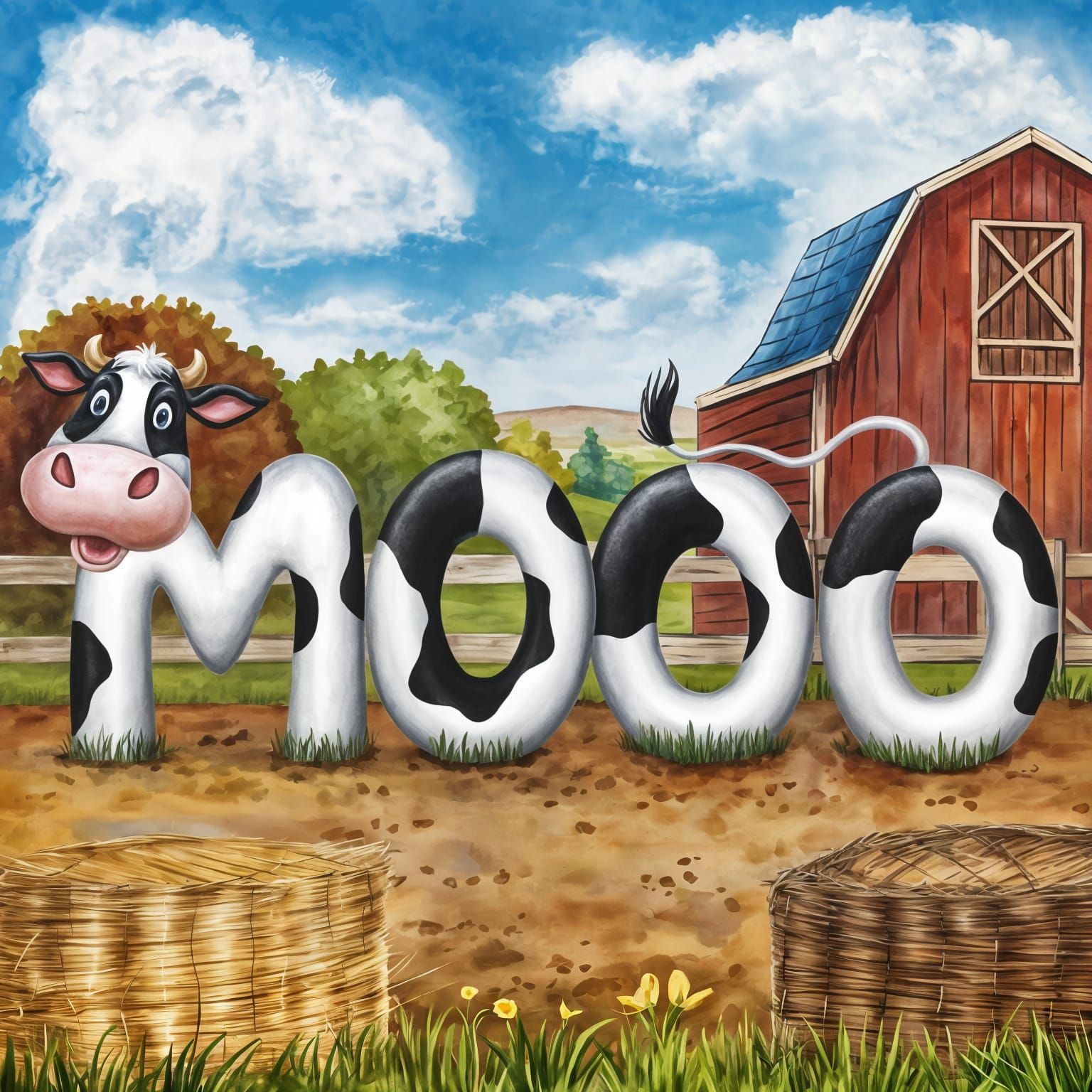 Cow-Shaped "Mooo" in Cartoon Farm Scene