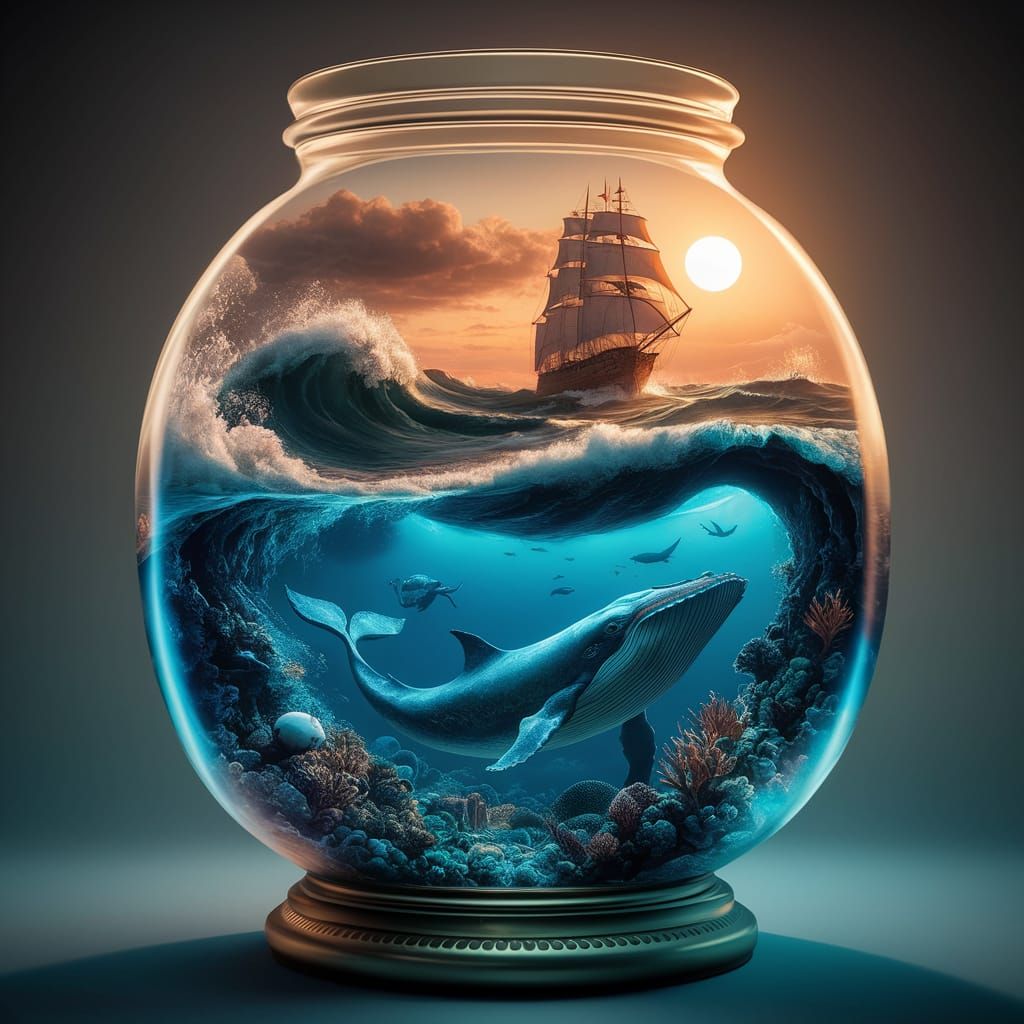Glass Jar Diorama: Sunset at Sea Meets Underwater World