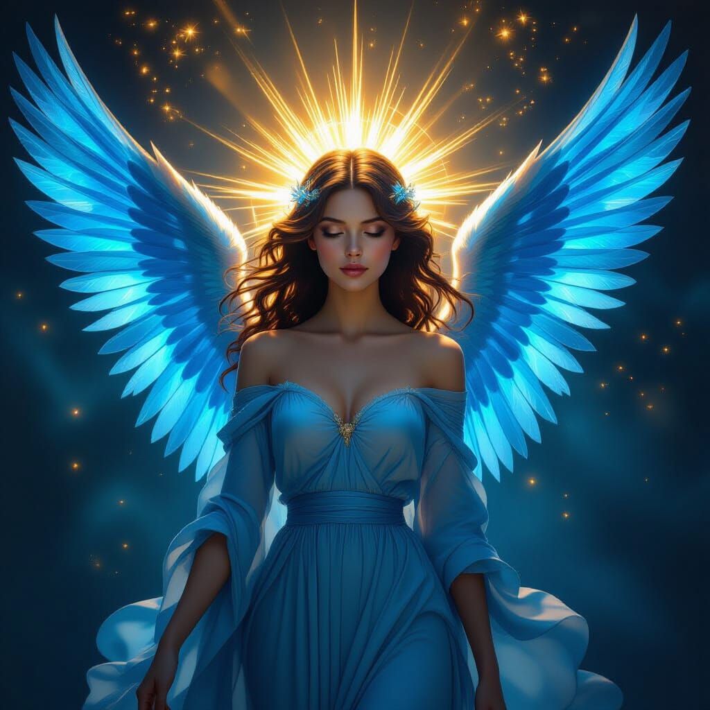 Celestial Blue Angel with Iridescent Wings in Baroque Style