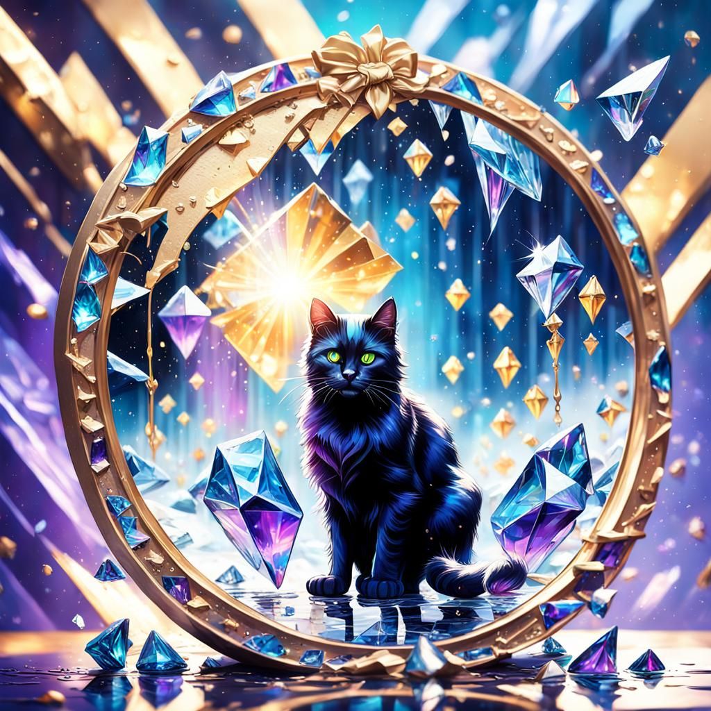 Black Cat Walking Through Broken Mirror in Splash Art