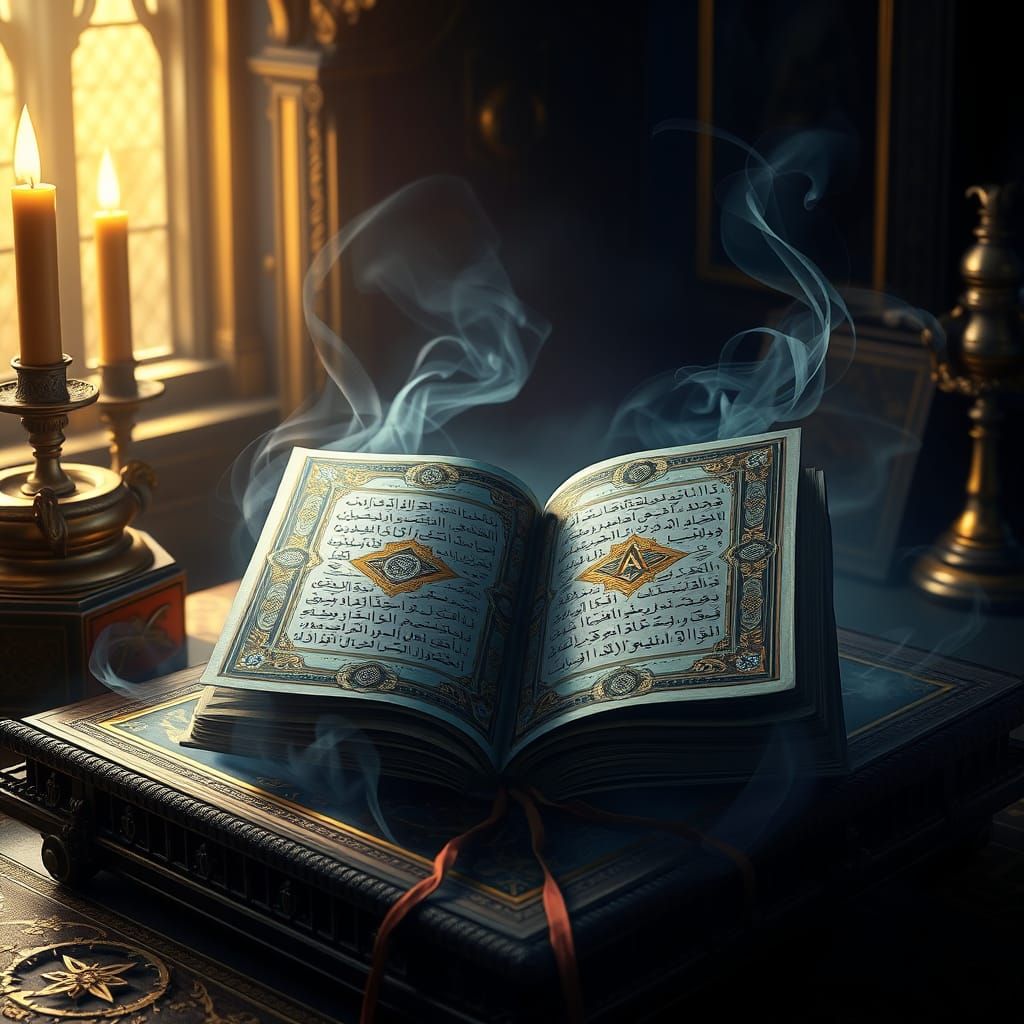 Quran on Masonic Altar with Mystical Glow
