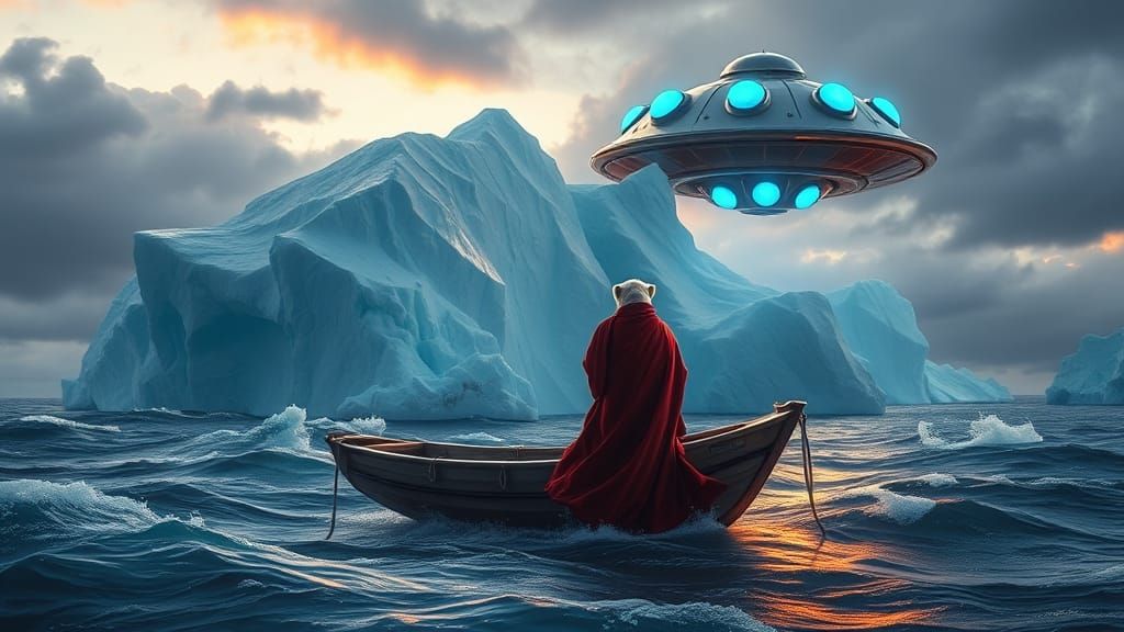 Mystical Polar Bear Monk Amidst Arctic Tempest