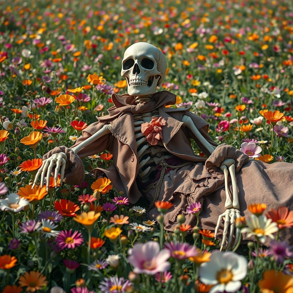 Victorian Skeleton in Flower Field, Whimsical Art